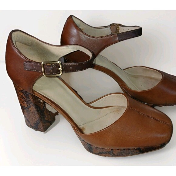 Clarks Mary Janes clogs Brown Leather Platform Straps Snakeskin Block Heel 9 M - Picture 7 of 16